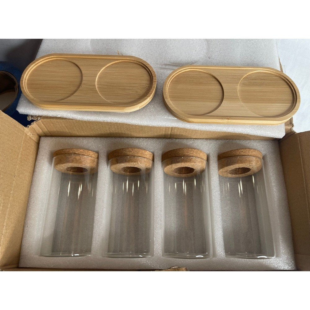 4 Piece Glass Propagation Jar Set with Cork Lids and Bamboo Trays Clear Natural